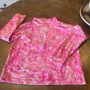 • Pink quarter zip pullover jacket with pink floral and cat print.